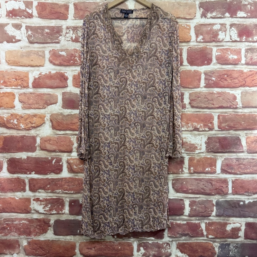 Helen Welsh Dress Women's S Multicolor Boho Floral Silk Beaded Sheer Lightweight